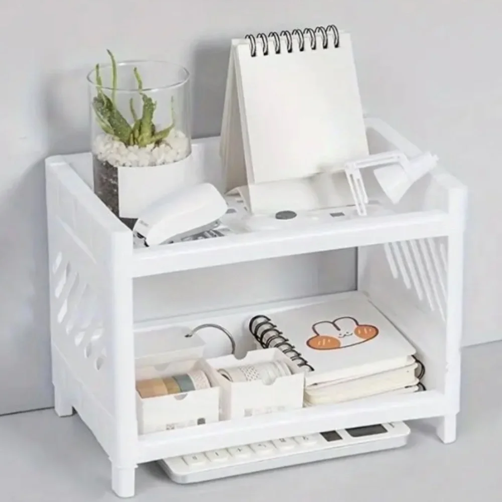 White Plastic Desktop Storage Rack -Multi-Functional Rectangular Organizer Shelf - Picture 4 of 8